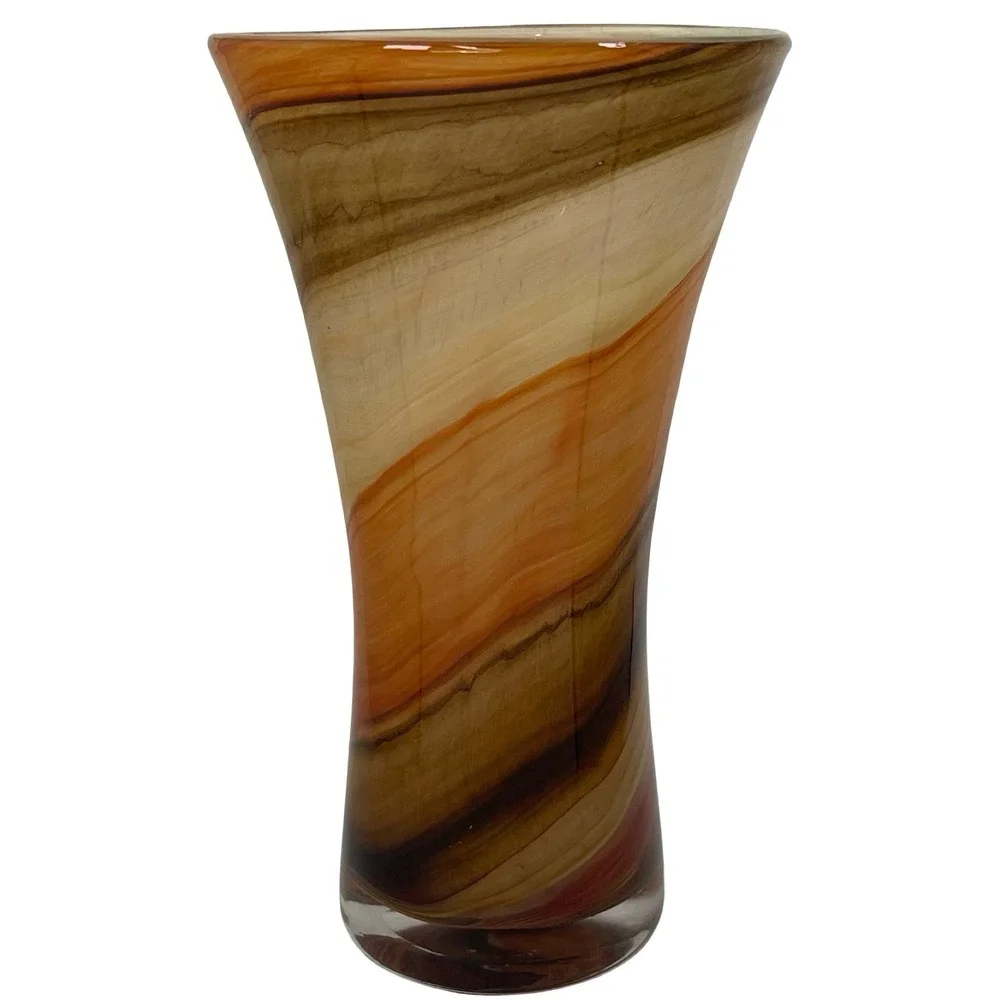 Vintage Art Glass Swirl Trumpet‎ Vase Orange Brown Earth Tones Hand Blown 9